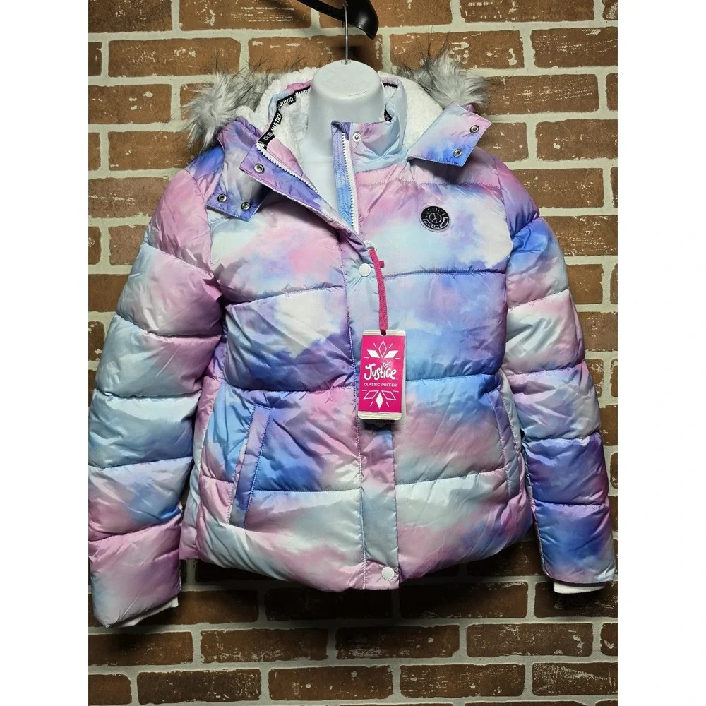 Justice Girls Puffer Jacket with Faux Fur Lined Hood Size L 12/14 Rainbow Pastel